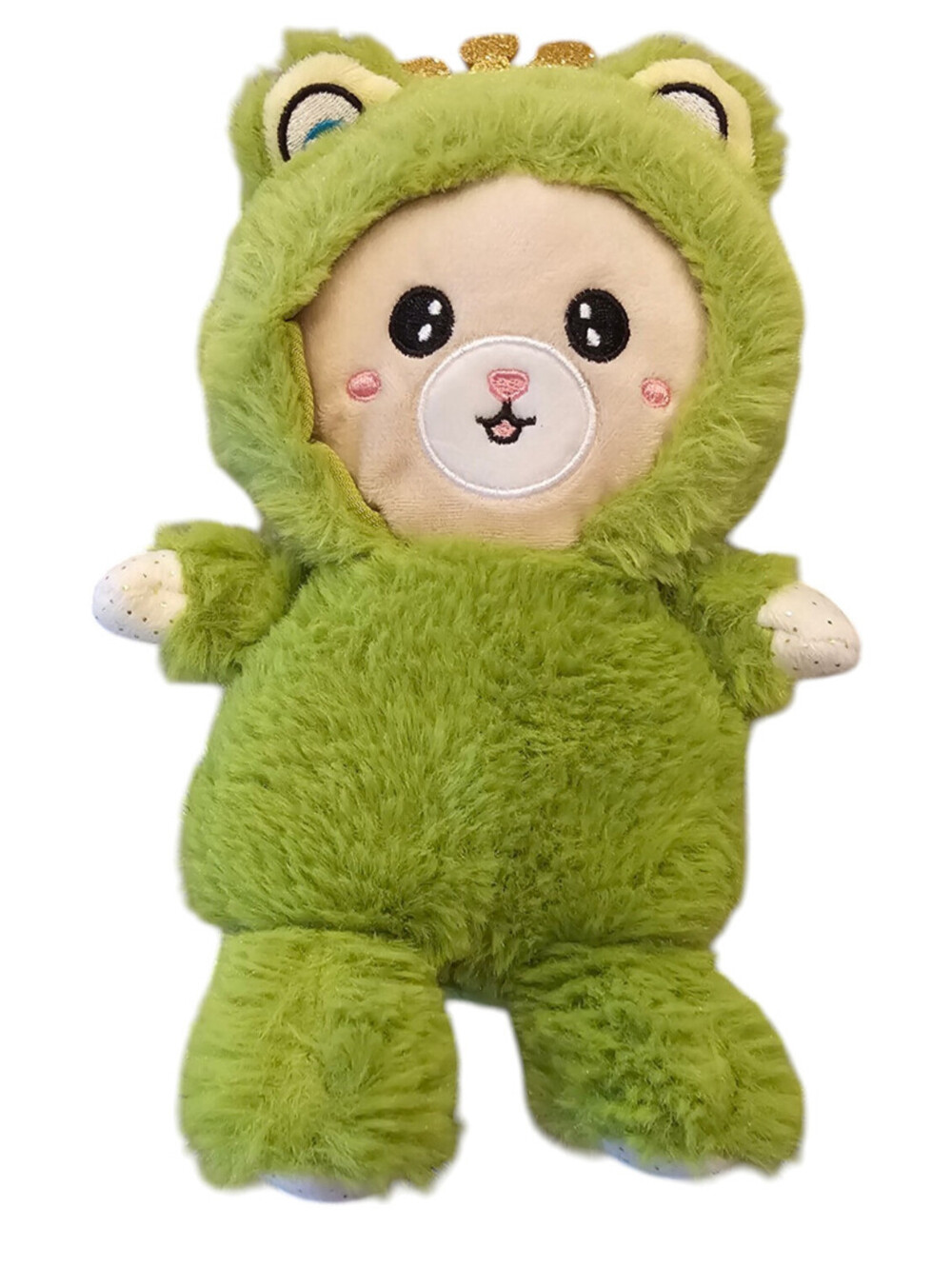 Plush toy of a bear wearing a green frog costume hoodie Anime Style